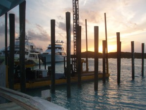 Pilings Set in the Water on the first day of Installation with the sunset in the background