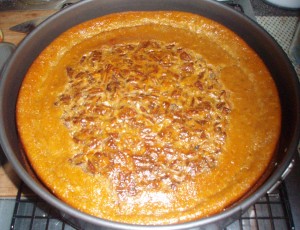 Pumpkin Pie which makes its own crust which was baked in a spring-form cake pan