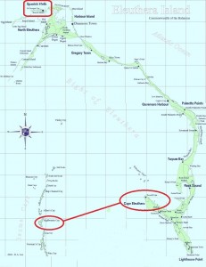 Map of Eleuthera with route indicated from Highborne Cay to Cape Eleuthera