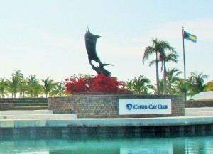 Chub Cay Club Bronze Sailfish Statue and Sign
