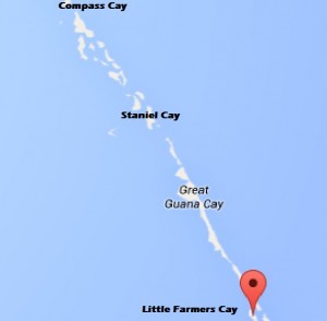 Map showing Compass Cay at the north and Little Farmers Cay at the south