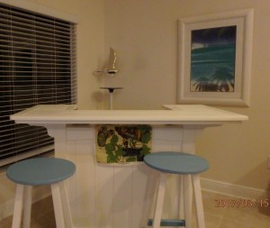 White bar with blue and white stools