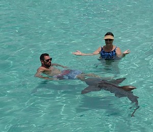 JP and Charlene in water with shark at Compass Cay Marina
