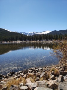 Echo Lake with snow capped mountains behind