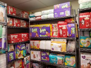 Shelves full of packaged diapers