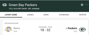 Graphic showing final score of the Green Bay Packers game