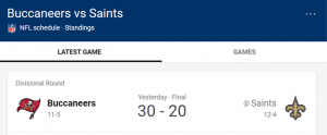 graphic showing Bucs vs Saints score