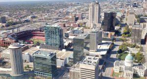Busch Stadium on the left and Old Courthouse on the right