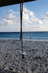 Rope swing with small wooden round to sit upon