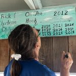 Charlene adding 2023 to the On The Hook sign which was created in 2012 and updated since then