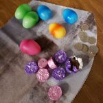 Colored Eggs and candy and quarters that was in the eggs